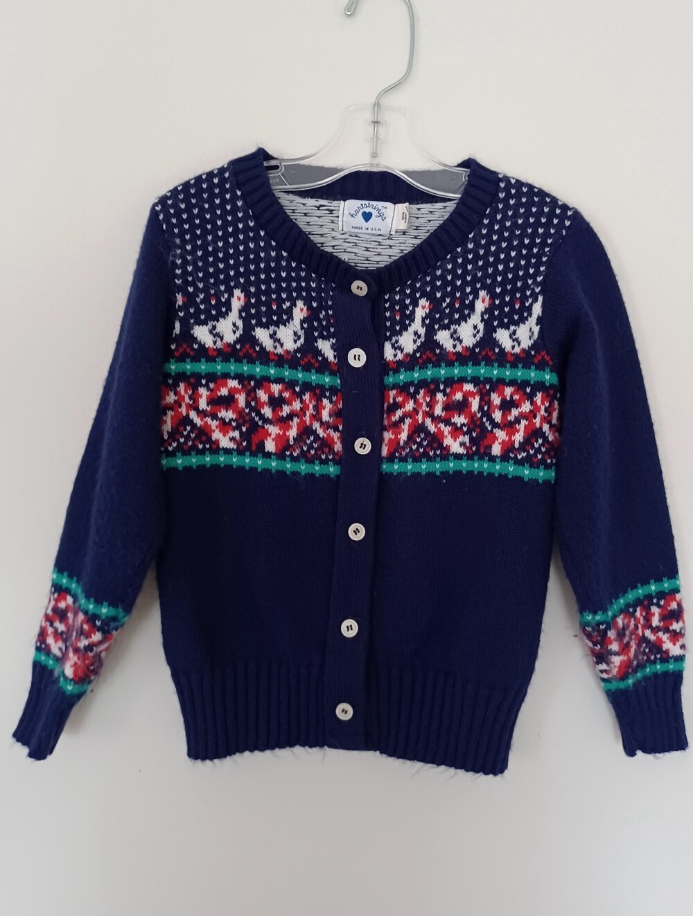 Hartstrings Navy Button-Front Girls Cardigan with Ducks & Bows Motif, Size 5-6